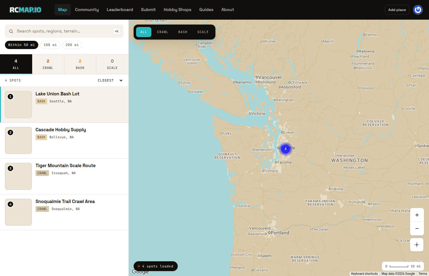 RCMap topbar with Submit and Add place actions for adding a missing RC spot highlighted.