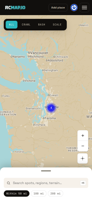 Mobile RCMap map with the Add place button for submitting a missing RC place.
