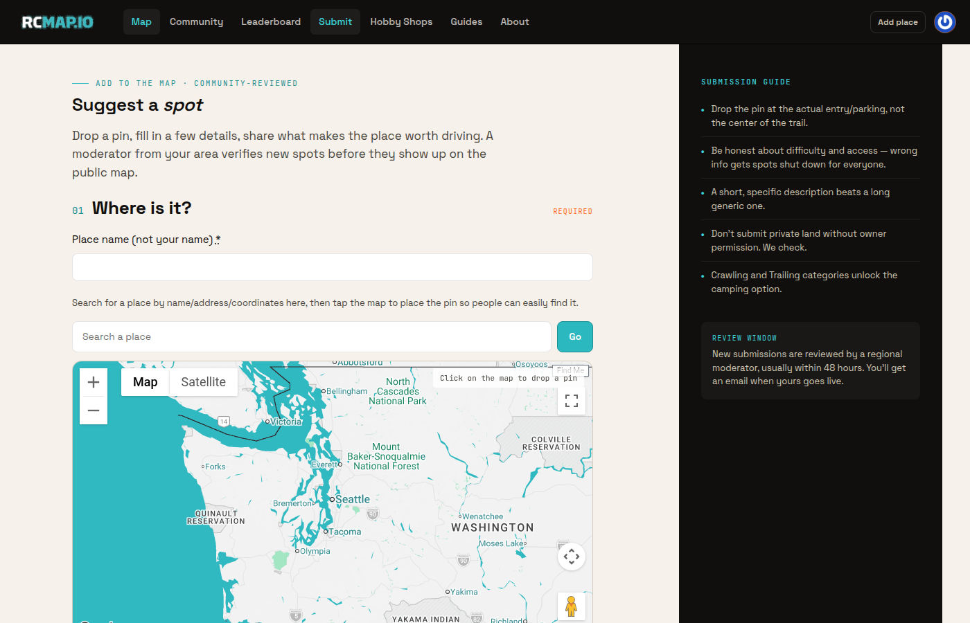 RCMap place submission form with place name, category, pin map, duplicate check, and description fields.