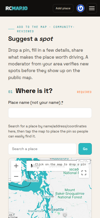 Mobile RCMap submission form with place name, search, category, description, and pin map area.