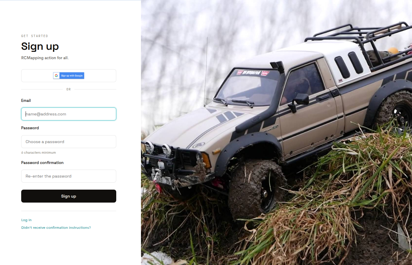 RCMap sign-up page with Google sign-up, email, password, and account creation controls.