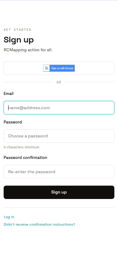 Mobile RCMap sign-up form with Google sign-up, email, password, and submit controls visible.