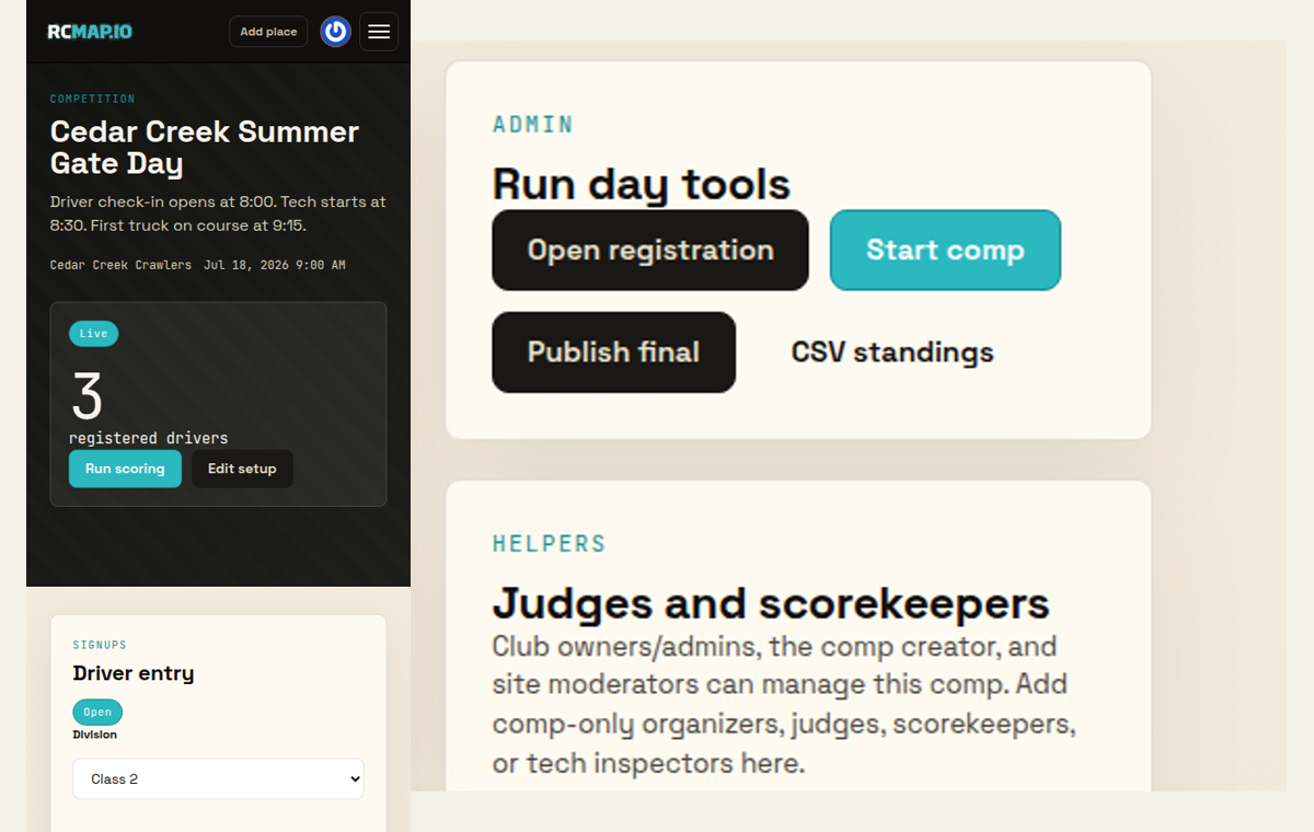 RCMap mobile competition page beside the desktop Run day tools panel with Open registration, Start comp, Publish final, and CSV standings controls.