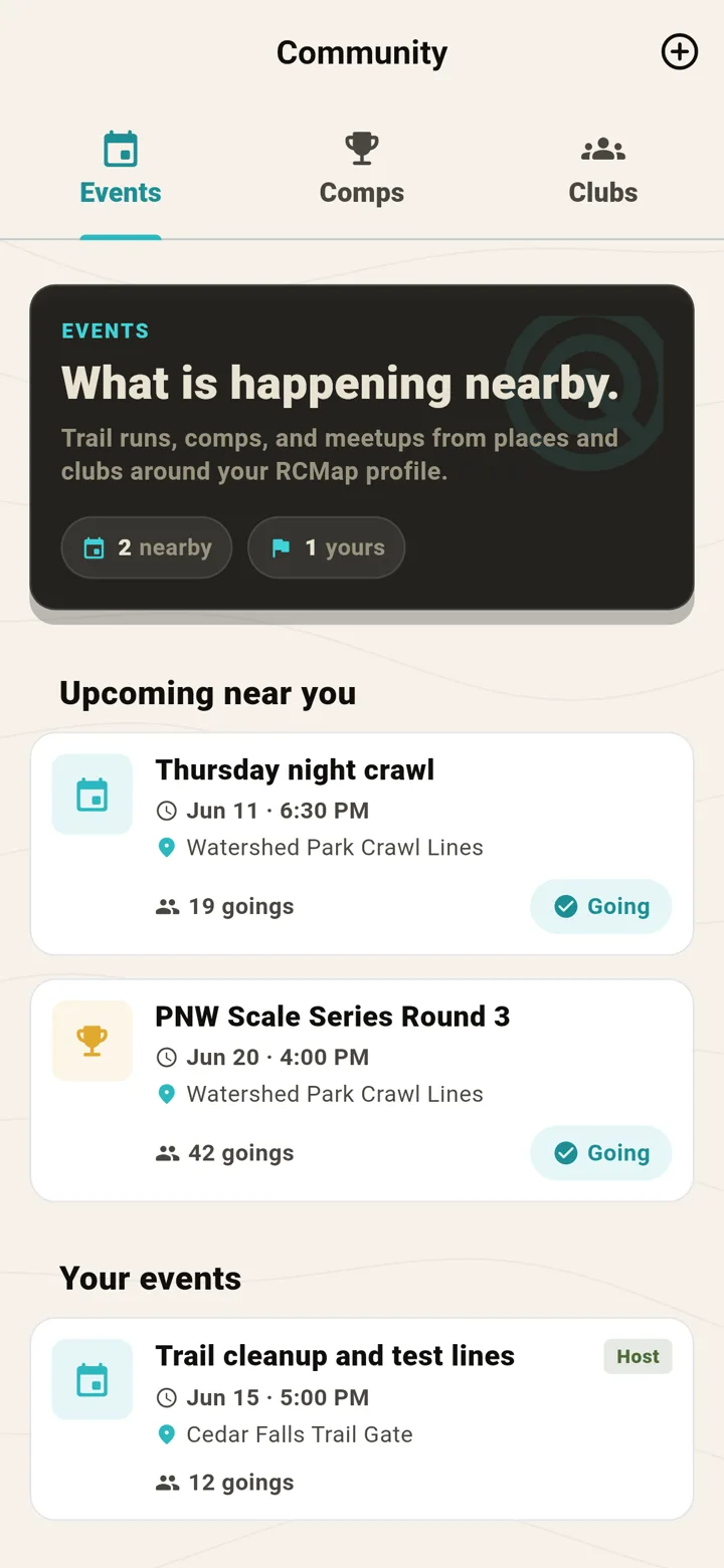RCMap mobile app Community tab with clubs, events, and driver activity.