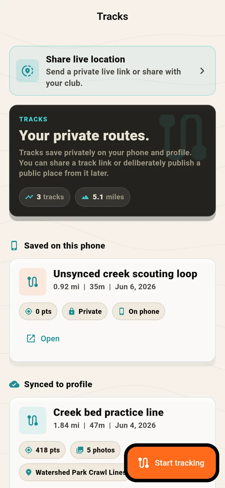 RCMap mobile app Tracks tab with saved trail recordings and route details.